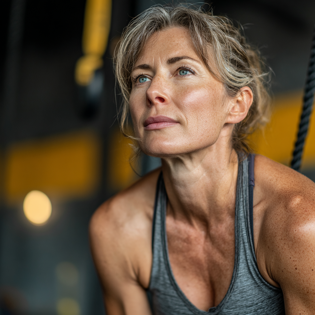 Confident mature woman in her 40s performing functional training exercises in a modern gym, demonstrating proper form and technique
