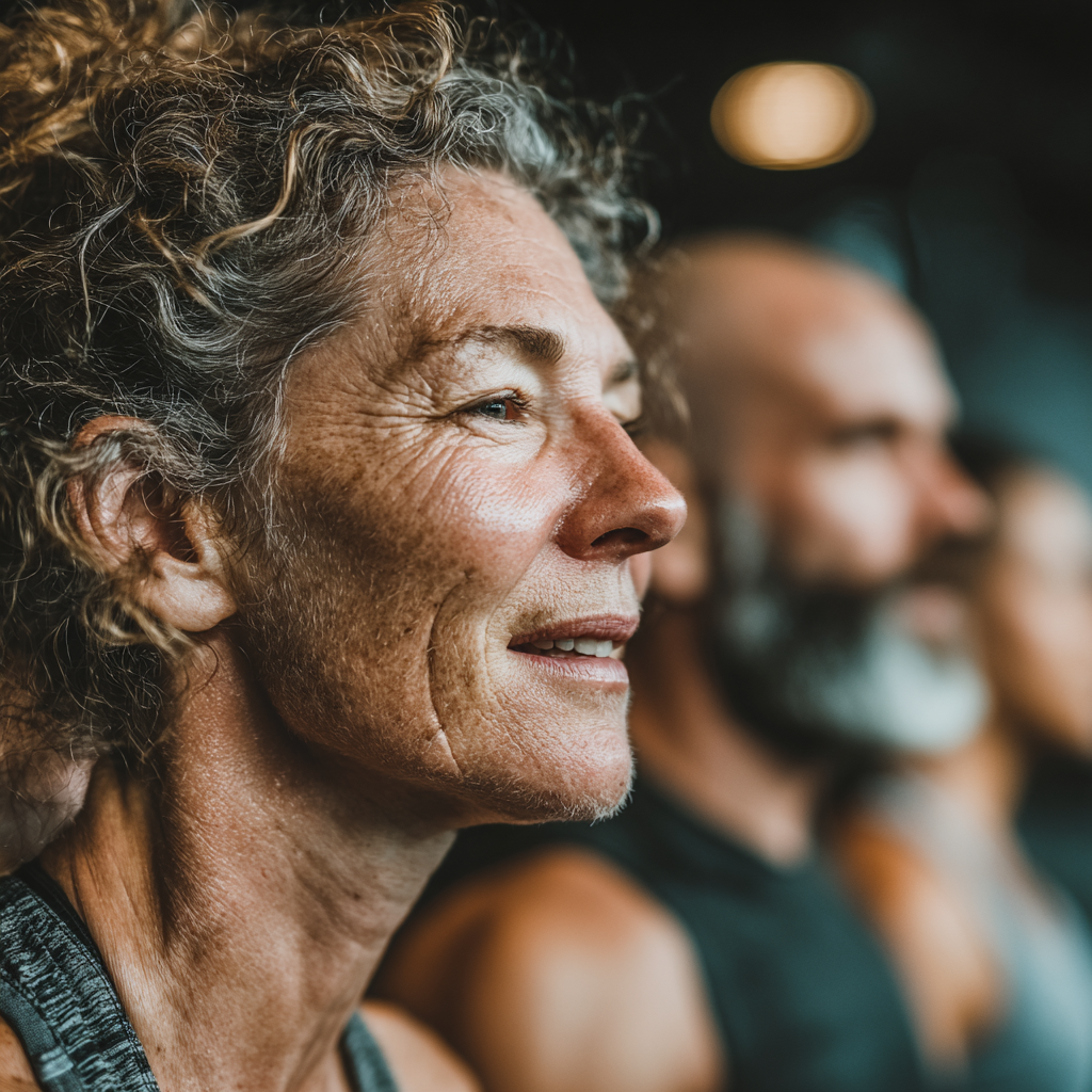 Group of mature adults aged 45-50 exercising together in a modern fitness studio, showing teamwork and motivation during functional training session