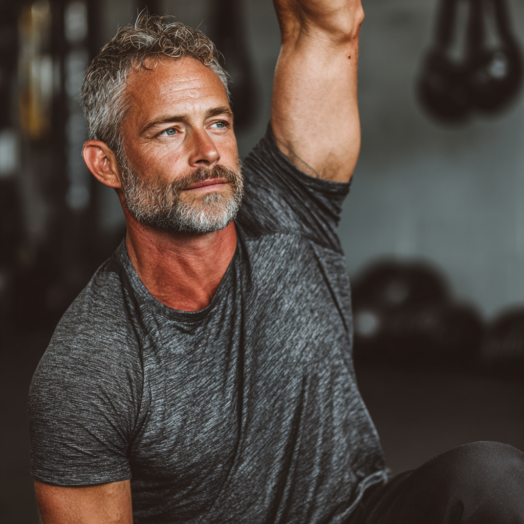 Mature man in his early 50s demonstrating strength and flexibility during functional movement training in a professional gym environment